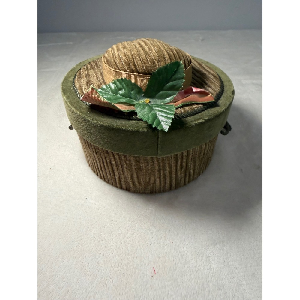 Vintage Style Hat Shaped Trinket Box Green Velvet Corduroy Jewelry Storage Case